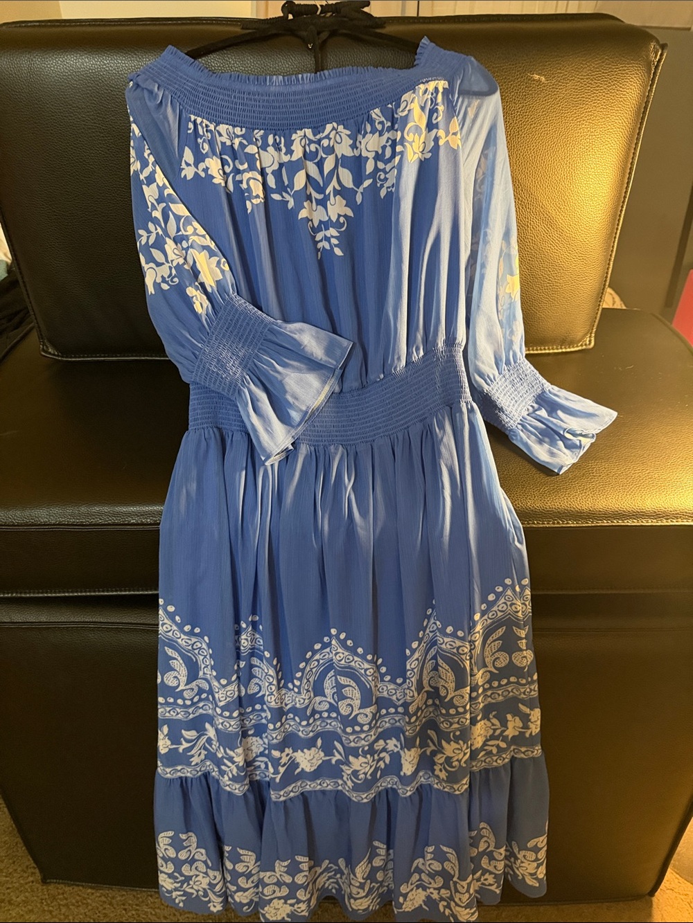 NEW WITH TAGS-Chico's Blue Floral Maxi Dress with White Print Priced at $199.50